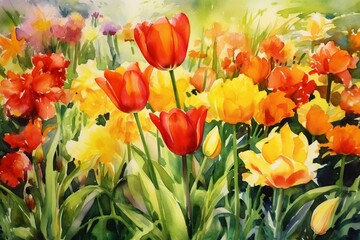 A colorful painting of flowers in watercolor: daffodils and tulip. Generative AI