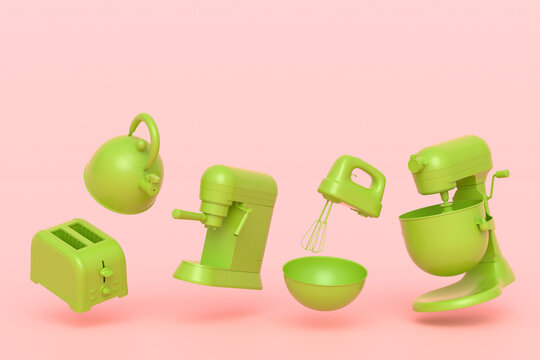 Espresso coffee machine, hand mixer, kettle and toaster on monochrome background