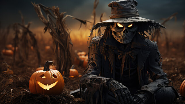 A scary garden scarecrow with glowing eyes sits with a Jack-o-lantern in a corn field. Halloween design. AI generated