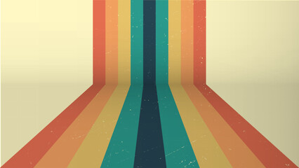 70s retro perspective lines rainbow background. Vintage grunge colourful stripes banner, backdrop and wallpaper vector. - obrazy, fototapety, plakaty