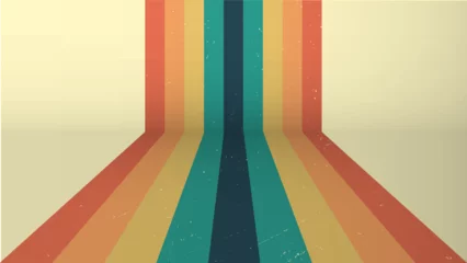  70s retro perspective lines rainbow background. Vintage grunge colourful stripes banner, backdrop and wallpaper vector. © Ayuluthfiani