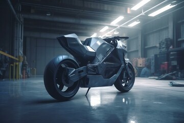 Obraz na płótnie Canvas Futuristic robotic motorcycle in a warehouse. Generative AI