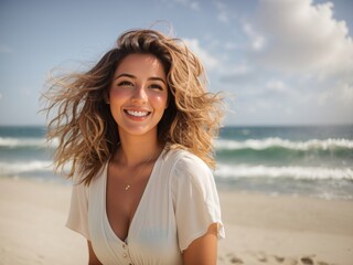 Fototapeta na wymiar Smiling Woman by the Sea,Joyful Woman at the Beach,Beach Bliss: Portrait of a Radiant Woman by the Seashore,Happy Woman at the Beach