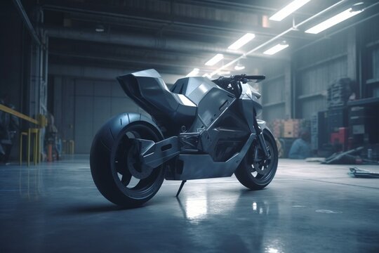 Futuristic robotic motorcycle in a warehouse. Generative AI
