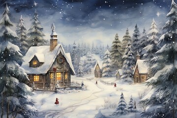 Christmas scene with landscape with house and snow