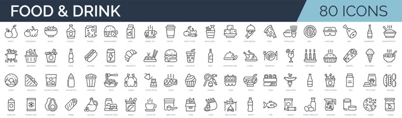 Set of 80 outline icons related to food and drink. Linear icon collection. Editable stroke. Vector illustration - obrazy, fototapety, plakaty