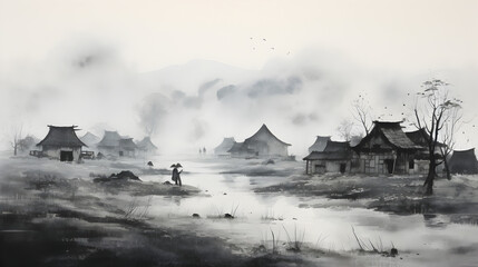 mountain village in the fog