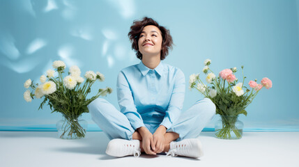 young woman sitting on floor with bouquet of flowers and looking up