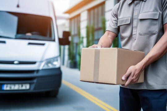 Close up hands of delivery man holding parcel box or cardboard box in front of delivery car. Distribution concept of transportation and delivery.