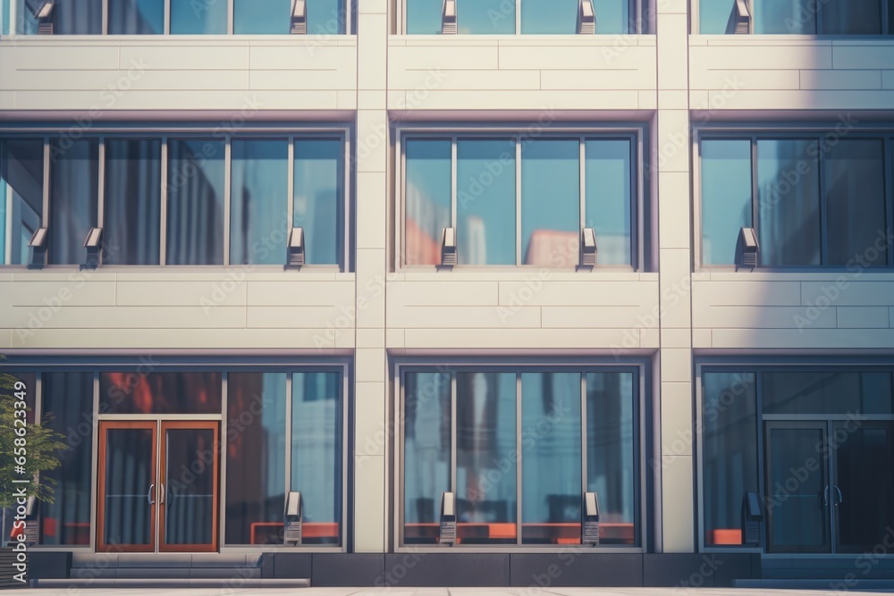 Poster A picture of a tall building with numerous windows. This image can be used to depict urban architecture or as a background for business and real estate-related designs.