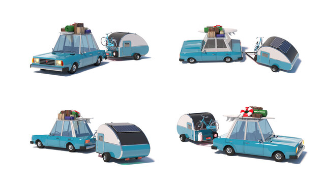 Cartoon car. Camping car  on a white background. Recreational vehicle with trailer. Classic car. 3D render.