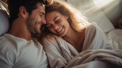 Generative AI, beautiful young man and woman, couple of lovers lying in bed, family, love, romance, passion, guy, girl, day off, sex life, date, valentine's day, relationship, time together, light - obrazy, fototapety, plakaty