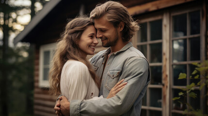 Fototapeta premium Young couple in love embracing each other on the background of a wooden house