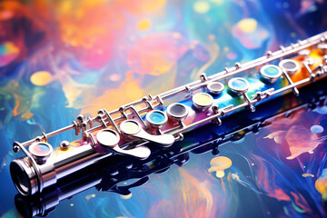 flute musical instrument with paint spots background - obrazy, fototapety, plakaty
