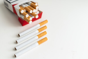 Cigarette, tobacco in roll paper with filter tube, No smoking concept.