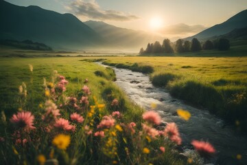 Beautiful scenery of meadow and river in sun light