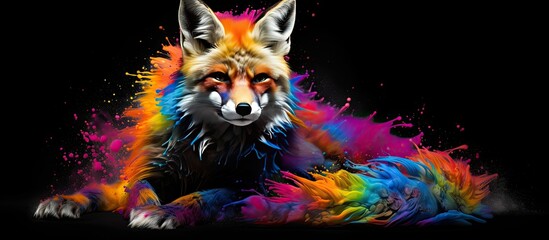 Painted colorful fox  animal, they show off in beautiful colors. isolated black background. Pattern for t-shirt printing, Generative AI