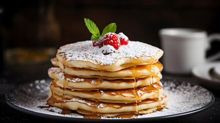 Stack of pancakes with a sprinkle of powdered sugar - a delightful breakfast treat
