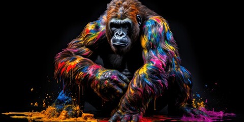 Painted colorful gorilla  animal, they show off in beautiful colors. isolated black background. Pattern for t-shirt printing, Generative AI - obrazy, fototapety, plakaty