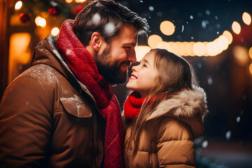 Felicidad navideña. Padre e Hija Compartiendo un Beso en Navidad bajo la nieve.