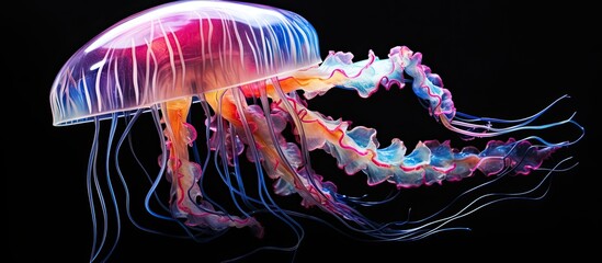 Painted colorful  jellyfish animal, they show off in beautiful colors. isolated black background. Pattern for t-shirt printing, Generative AI