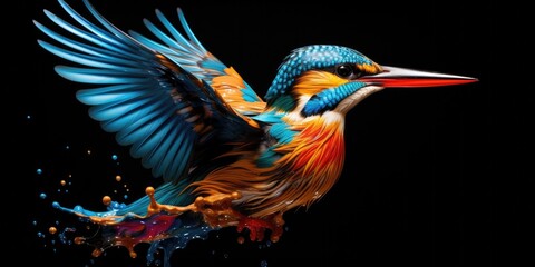 Painted colorful kingfisher  animal, they show off in beautiful colors. isolated black background. Pattern for t-shirt printing, Generative AI