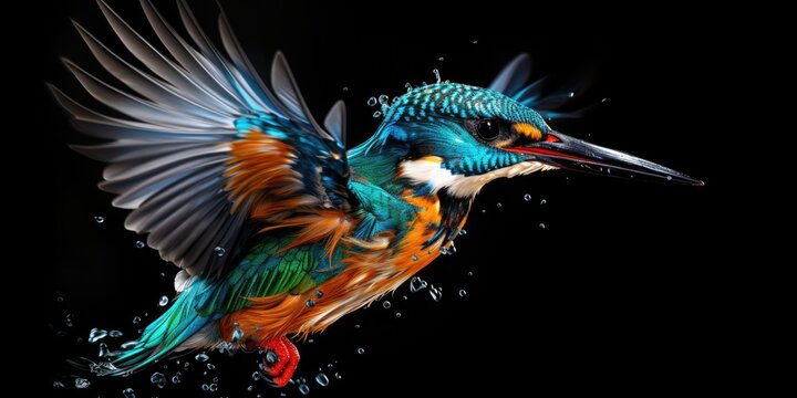 Painted colorful kingfisher  animal, they show off in beautiful colors. isolated black background. Pattern for t-shirt printing, Generative AI
