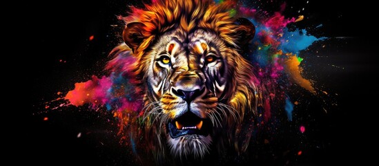 Painted colorful lion  animal, they show off in beautiful colors. isolated black background. Pattern for t-shirt printing, Generative AI