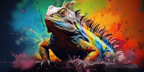 Painted colorful  lizzard animal, they show off in beautiful colors. isolated black background. Pattern for t-shirt printing, Generative AI