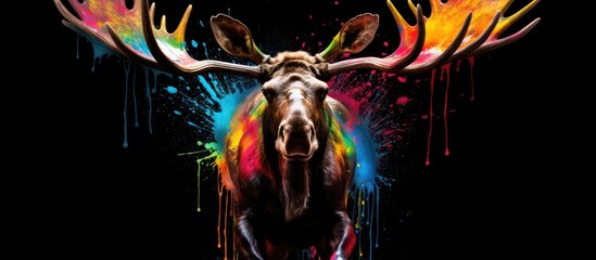 Painted colorful moose  animal, they show off in beautiful colors. isolated black background. Pattern for t-shirt printing, Generative AI