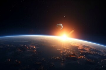 Obraz premium Sunrise over the planet with a starry backdrop viewed from space. Generative AI