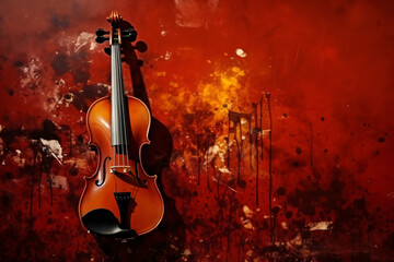 Fototapeta na wymiar Violin musical instrument with paint spots background