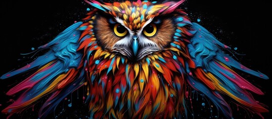 Painted colorful  owl animal, they show off in beautiful colors. isolated black background. Pattern for t-shirt printing, Generative AI