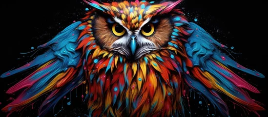 Fotobehang Painted colorful  owl animal, they show off in beautiful colors. isolated black background. Pattern for t-shirt printing, Generative AI © dm