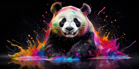 Painted colorful panda  animal, they show off in beautiful colors. isolated black background. Pattern for t-shirt printing, Generative AI