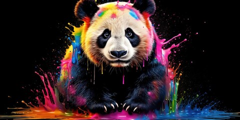 Painted colorful panda  animal, they show off in beautiful colors. isolated black background. Pattern for t-shirt printing, Generative AI