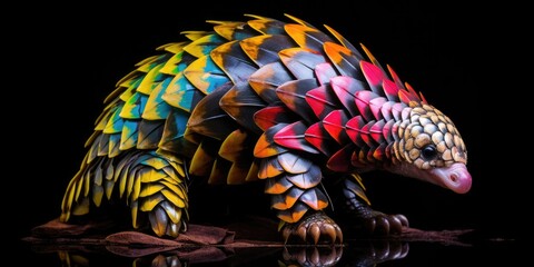 Painted colorful pangolin  animal, they show off in beautiful colors. isolated black background. Pattern for t-shirt printing, Generative AI