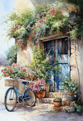 Fototapeta na wymiar Idyllic Tranquility: A Quaint European Village Scene,old house with flowers,old bicycle in front of house,European Village Hut, Watercolor Illustration