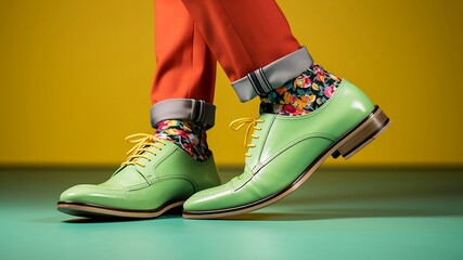 cropped shot of man in stylish green shoes on yellow and green background