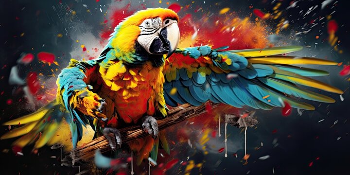 Painted colorful parrot  animal, they show off in beautiful colors. isolated black background. Pattern for t-shirt printing, Generative AI