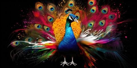 Painted colorful  peacock animal, they show off in beautiful colors. isolated black background. Pattern for t-shirt printing, Generative AI