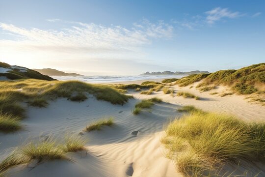 image of coastal landscape with sandy dunes in the background. Generative AI