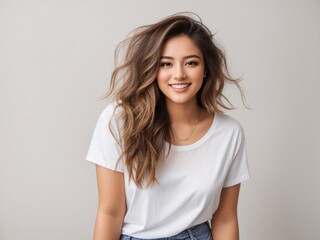 Fototapeta premium Casual Elegance: Young Happy Woman in White T-Shirt and Jeans