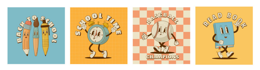 Set of retro cartoon school characters posters. Boock, supplies, stationery, alarm clock, baseball mascot. Vector illustrations. Welcome back to school