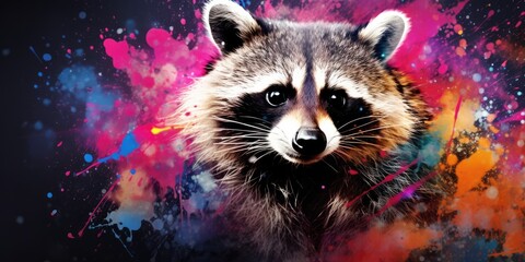 Painted colorful  racoon animal, they show off in beautiful colors. isolated black background. Pattern for t-shirt printing, Generative AI