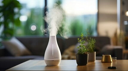 Aroma oil white glass diffuser with rising steam flow on table by window. - obrazy, fototapety, plakaty