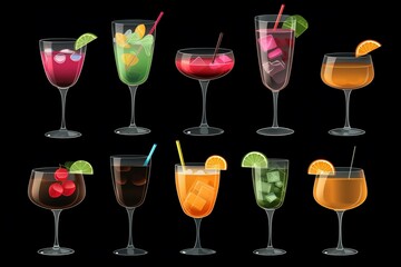 Illustration of various cocktails on black background. Generative AI