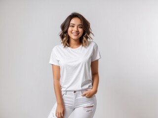 Obraz premium Casual Elegance: Young Happy Woman in White T-Shirt and Jeans
