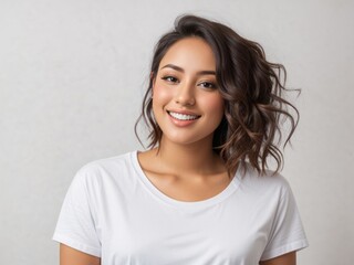 Fototapeta premium Casual Elegance: Young Happy Woman in White T-Shirt and Jeans