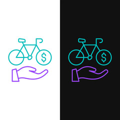 Line Bicycle rental mobile app icon isolated on white and black background. Smart service for rent bicycles in the city. Mobile app for sharing system. Colorful outline concept. Vector